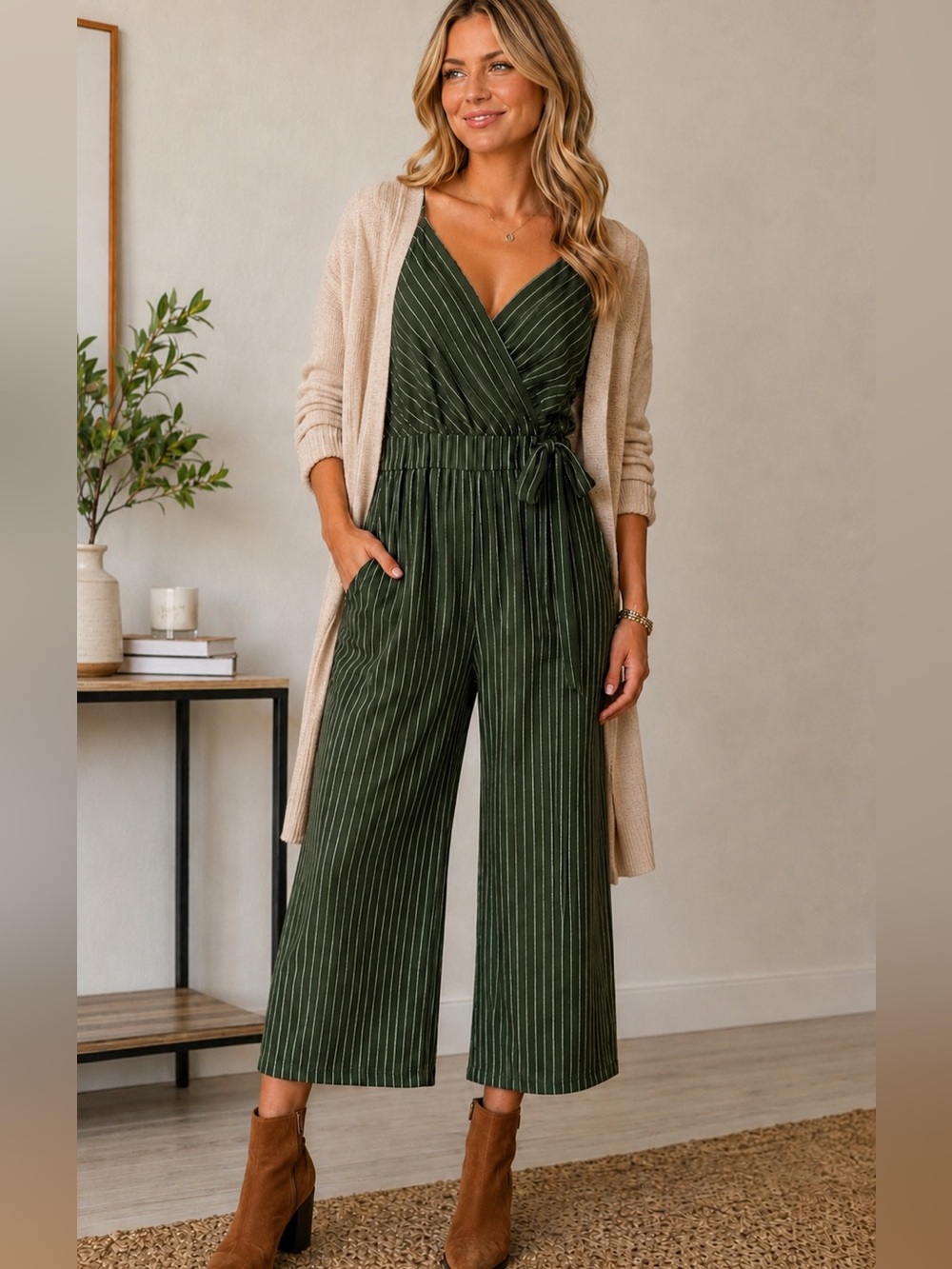 Kaileigh Olive Green Pinstripe Wrap Jumpsuit - Picture 5 of 5
